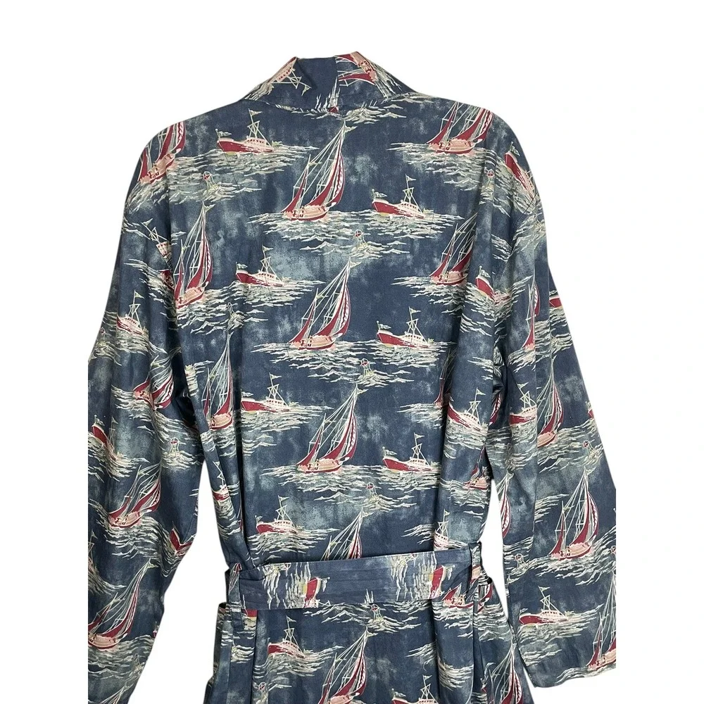 Polo Ralph Lauren‎ 90s Y2K Mens Robe Blue Boat Yacht Print Cotton S/M Nautical